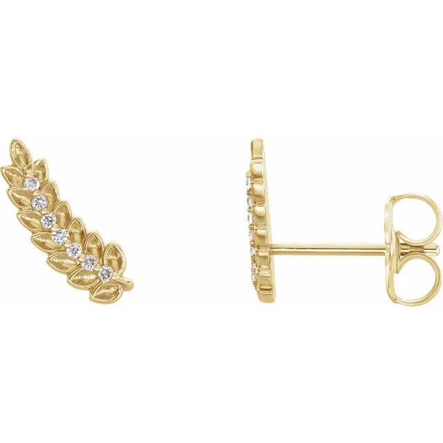 14K Gold Diamond Leaf Ear Climbers Earring Design - View 1