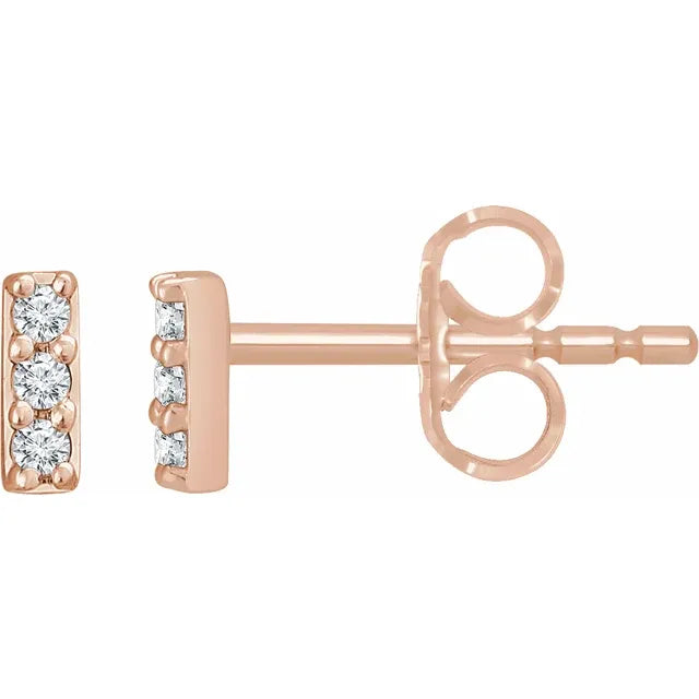 14K Gold Three Stone Diamond Bar Stud Earrings - View 5