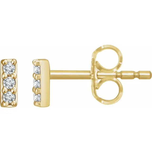 14K Gold Three Stone Diamond Bar Stud Earrings - View 3