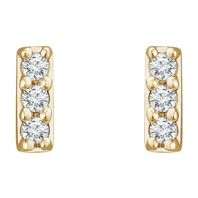 14K Gold Three Stone Diamond Bar Stud Earrings - View 2
