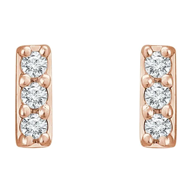 14K Gold Three Stone Diamond Bar Stud Earrings - View 4