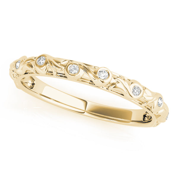 0.06CTW 14K  Gold Slim Fancy Gold Band With Bezel Set Round Diamonds
