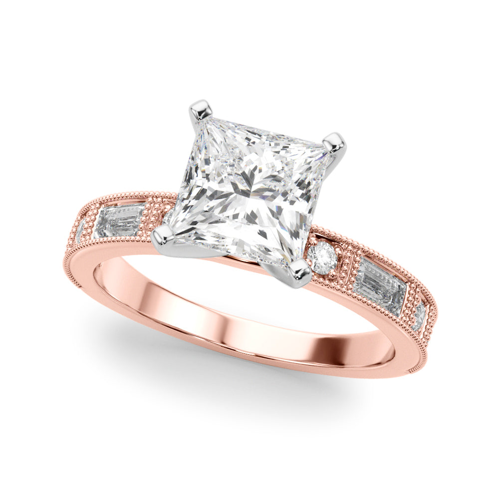 1.00CT 14K Classic Princess Cut Diamond Engagement Ring Accented With Baguette Cut Diamonds