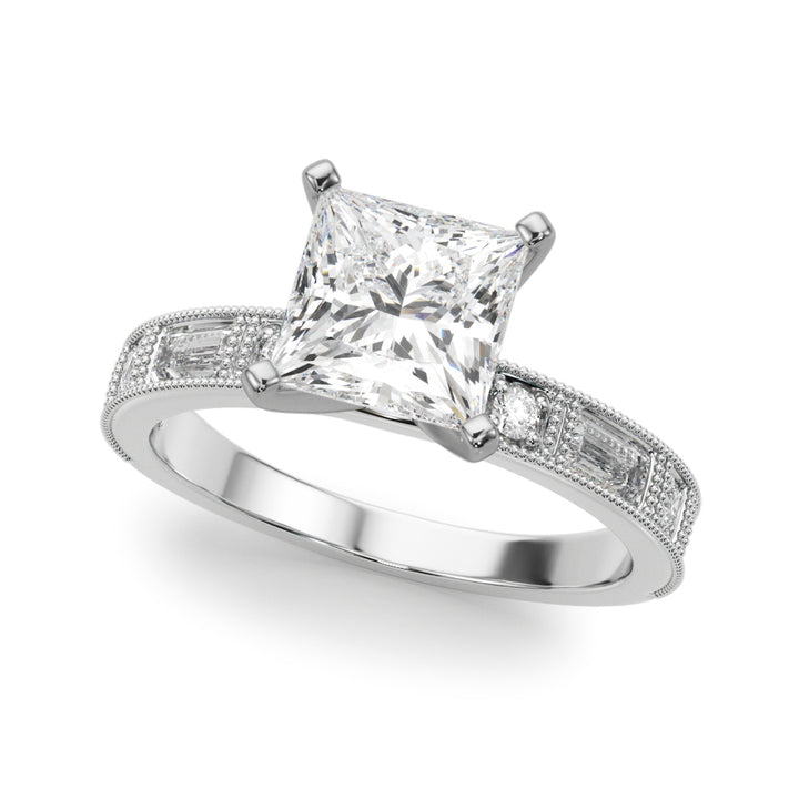 1.00CT 14K Classic Princess Cut Diamond Engagement Ring Accented With Baguette Cut Diamonds