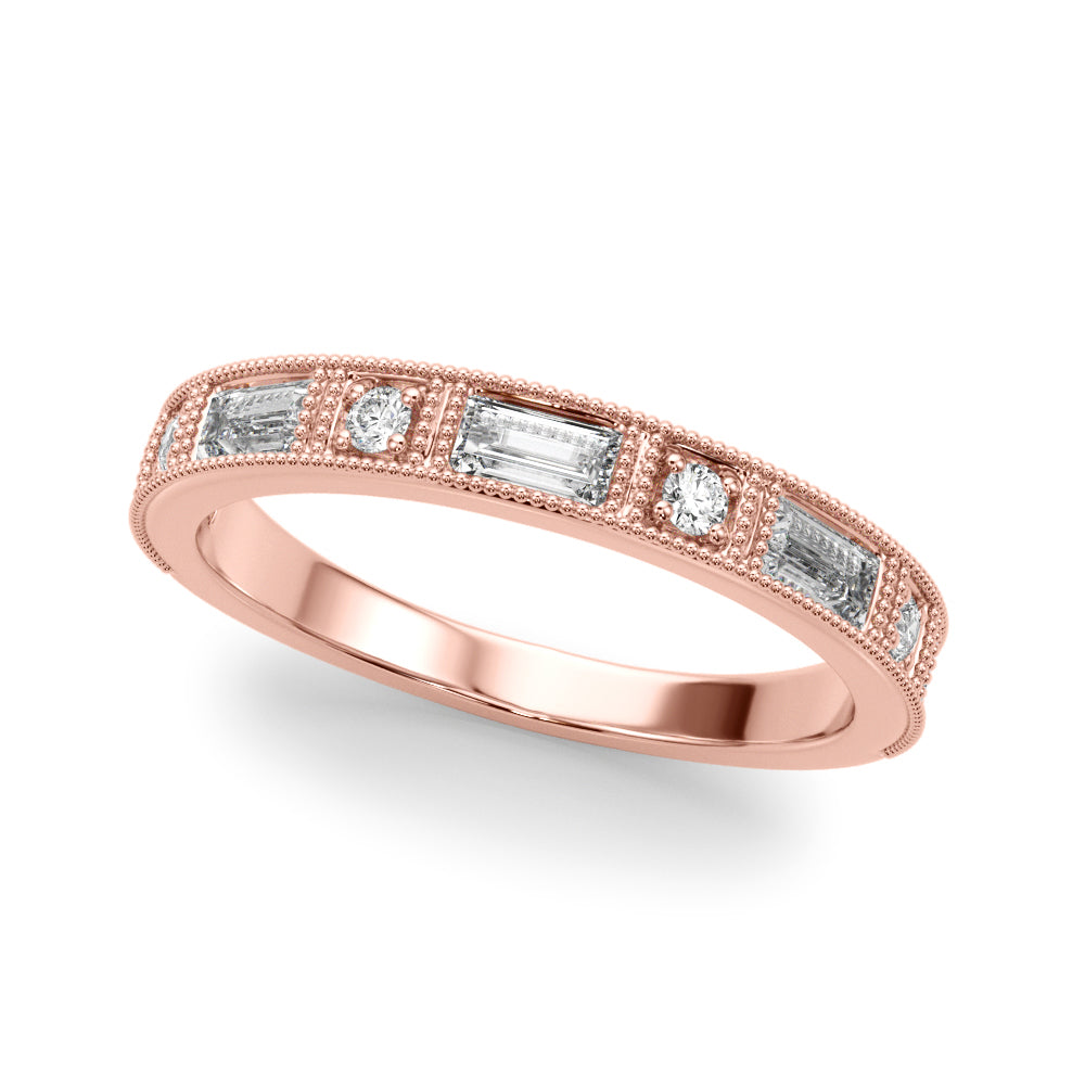 0.63CTW 14K  Gold Baguette And Round Brilliant Cut Diamond Band With A Millgrain Accent