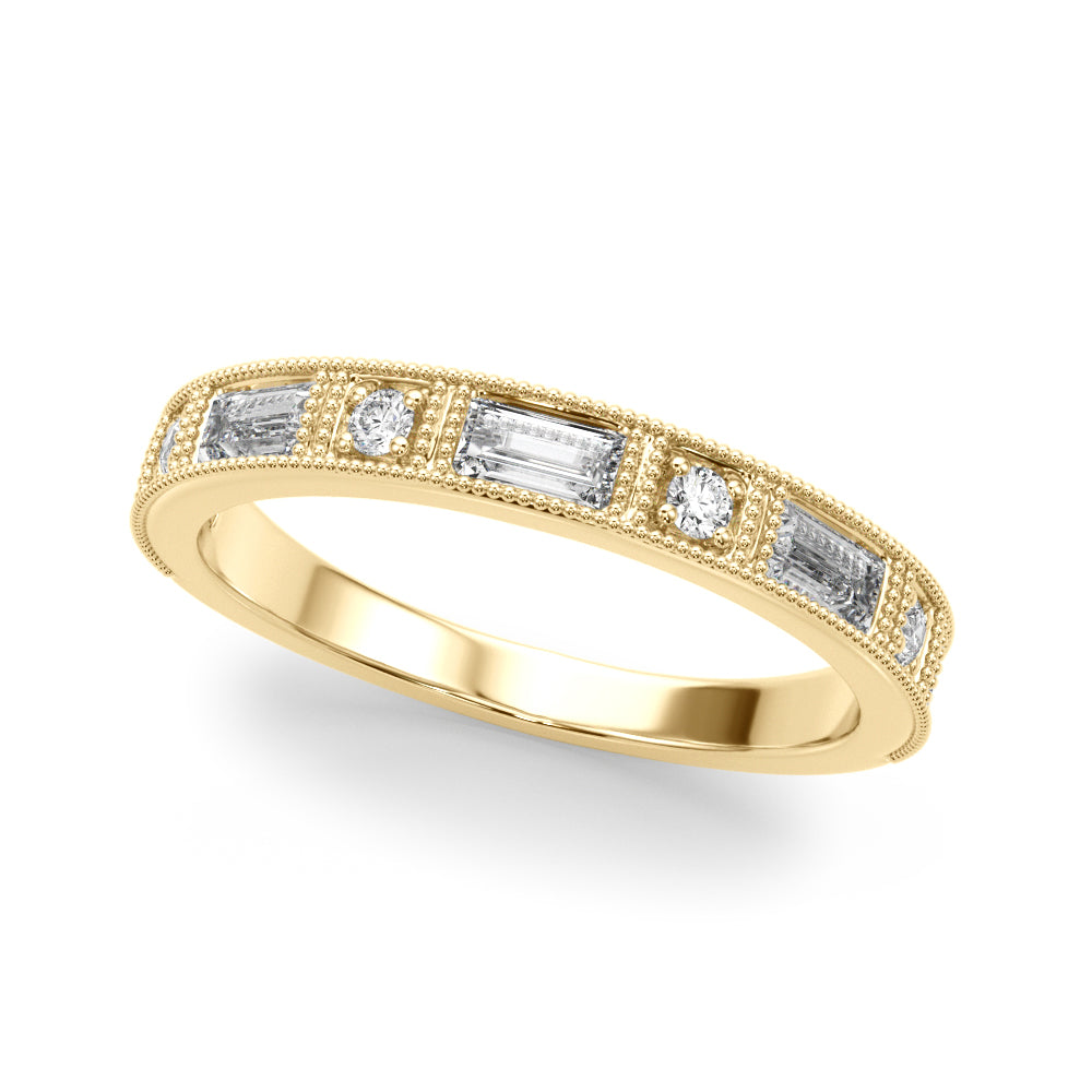 0.63CTW 14K  Gold Baguette And Round Brilliant Cut Diamond Band With A Millgrain Accent