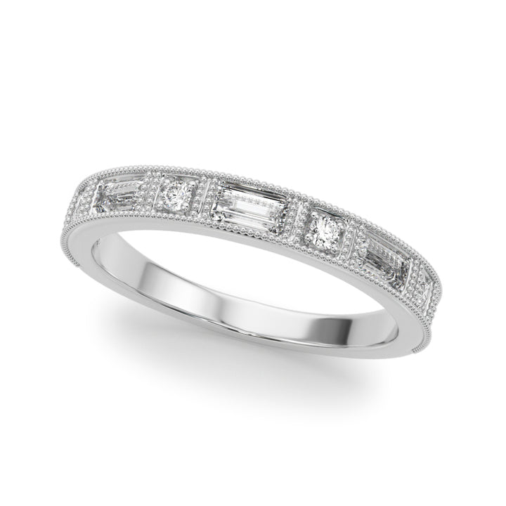 0.63CTW 14K  Gold Baguette And Round Brilliant Cut Diamond Band With A Millgrain Accent