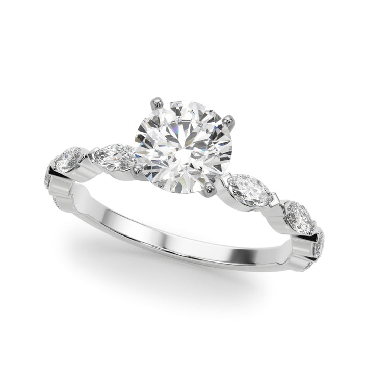 1.00CT 14K  Round Cut Diamond Engagement Ring With Bezel Set Marquise Sidestones