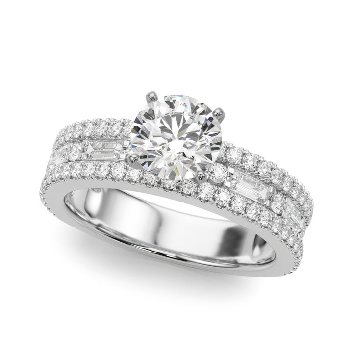 1.00CT 14K  Round Brilliant Diamond 3 Row Ring Design Accented With Baguette and Round Cut Diamonds