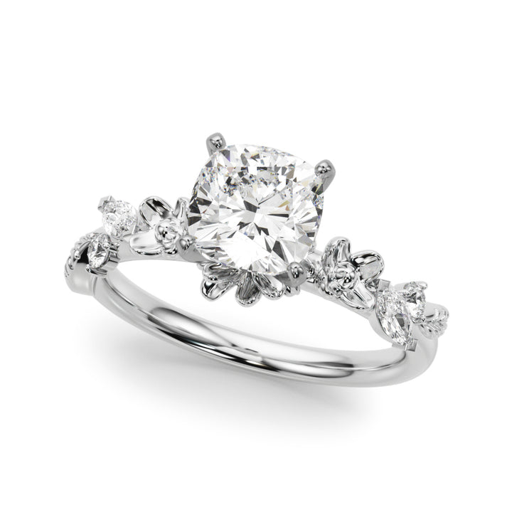 1.00CT 14K Cushion Cut Floral Accent Engagement Ring