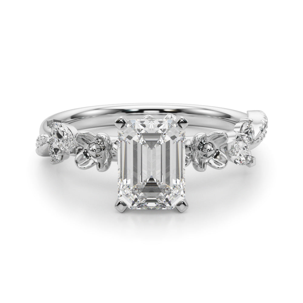 1.00CT 14K Emerald Cut Floral Accent Engagement Ring - View 2