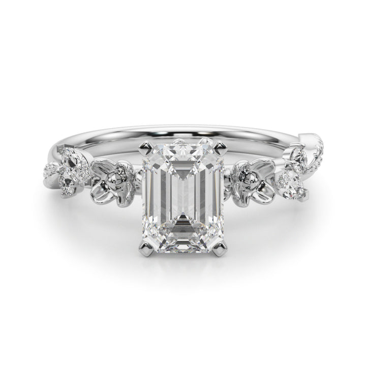 1.00CT 14K Emerald Cut Floral Accent Engagement Ring - View 2