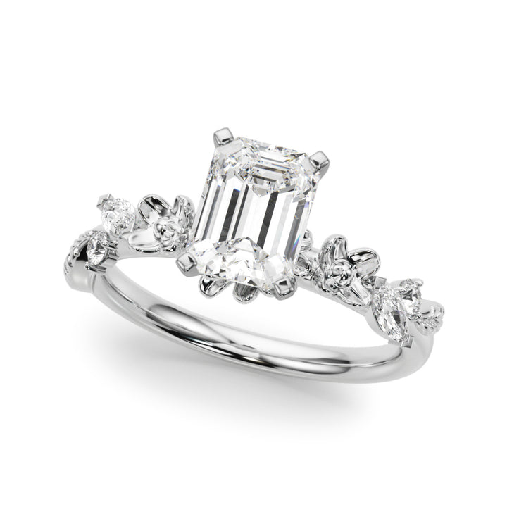 1.00CT 14K Emerald Cut Floral Accent Engagement Ring