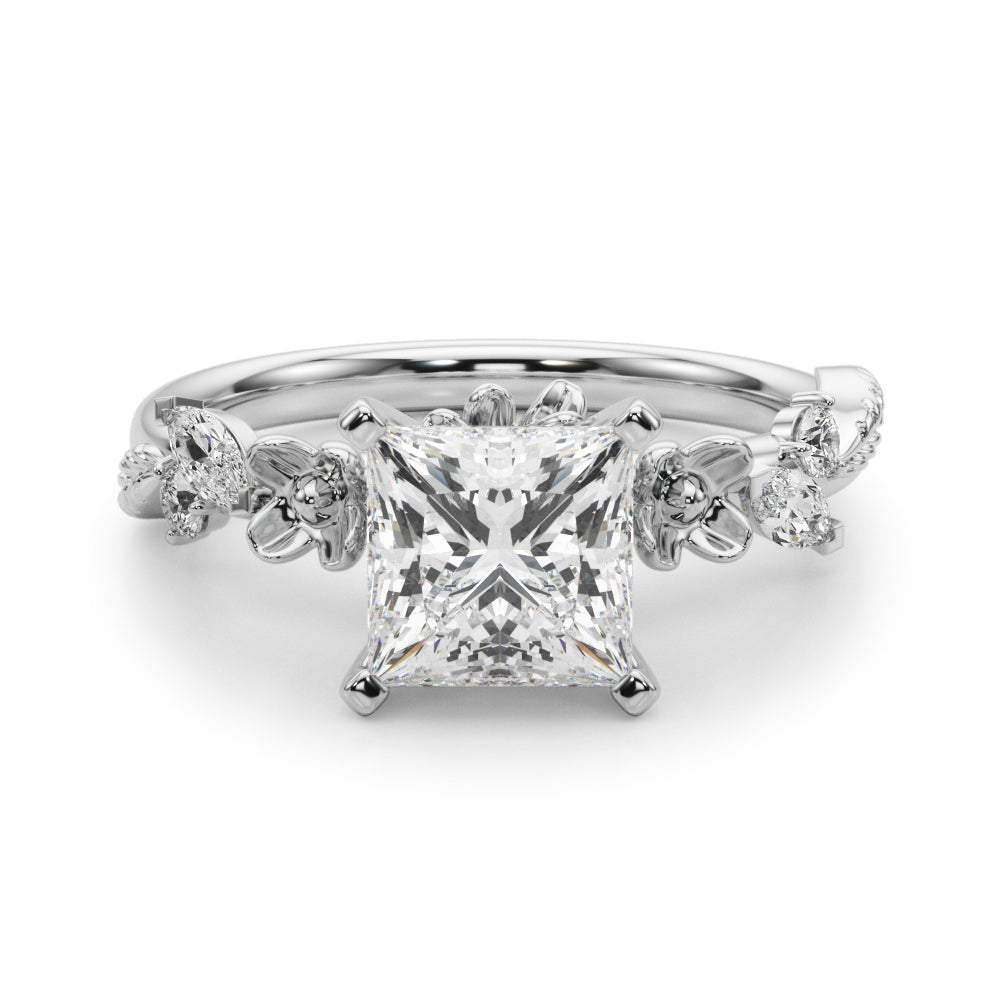 1.00CT 14K Princess Cut Floral Accent Engagement Ring - View 2