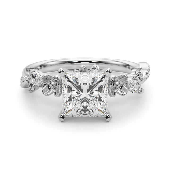 1.00CT 14K Princess Cut Floral Accent Engagement Ring - View 2