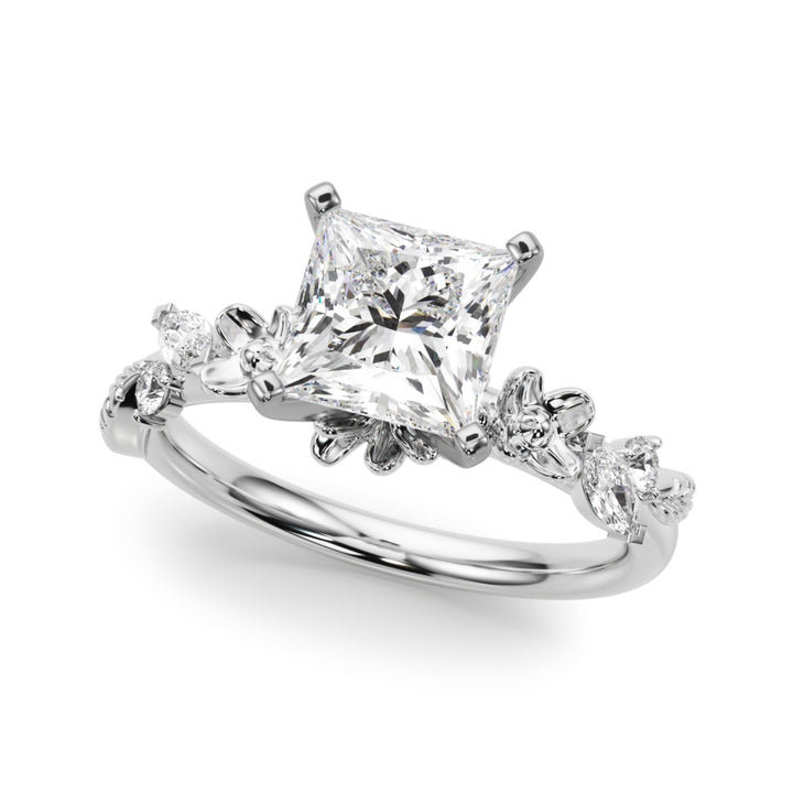 1.00CT 14K Princess Cut Floral Accent Engagement Ring