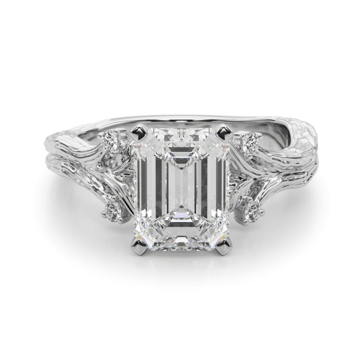 1.00CT 14K Emerald Cut Bark Texture Ring - View 2