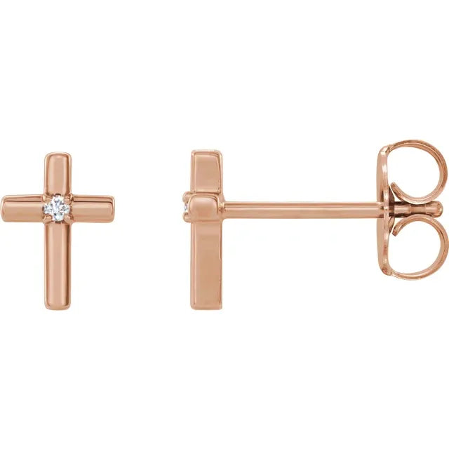 14K Gold Minimalist Diamond Cross Stud Earrings - View 2