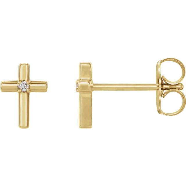14K Gold Minimalist Diamond Cross Stud Earrings - View 1