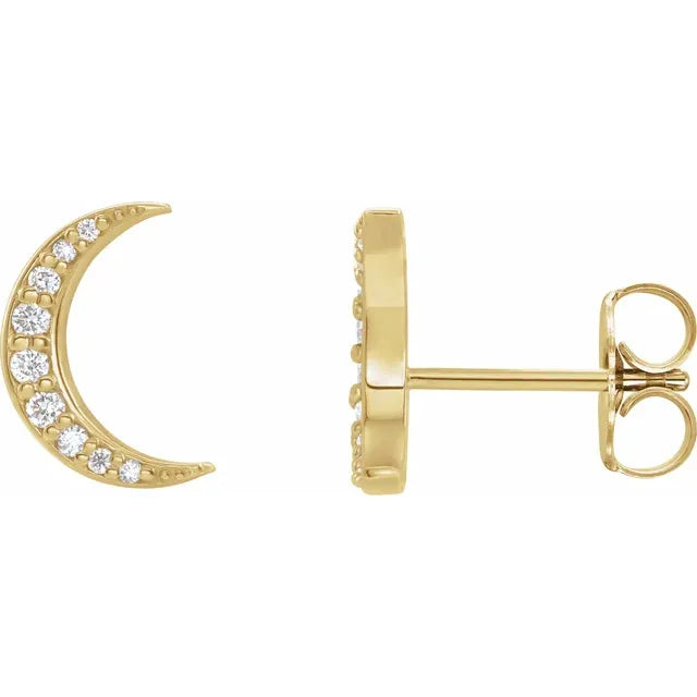 14K Gold Crescent Moon Design Diamond Stud Earrings - View 2