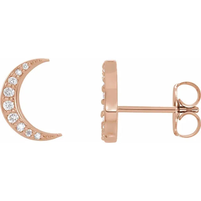 14K Gold Crescent Moon Design Diamond Stud Earrings - View 1
