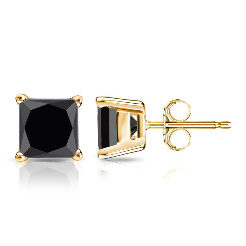 Classic 14K Gold Princess Cut Black Diamond Stud Earrings - View 1