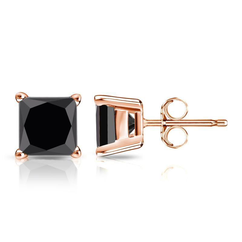Classic 14K Gold Princess Cut Black Diamond Stud Earrings - View 2