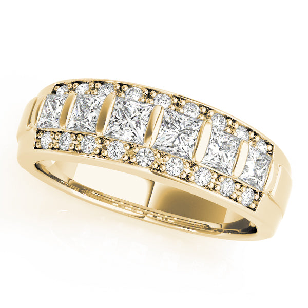 0.90CTW 14K  Gold Wide Band With Princess And Round Brilliant Cut Diamonds