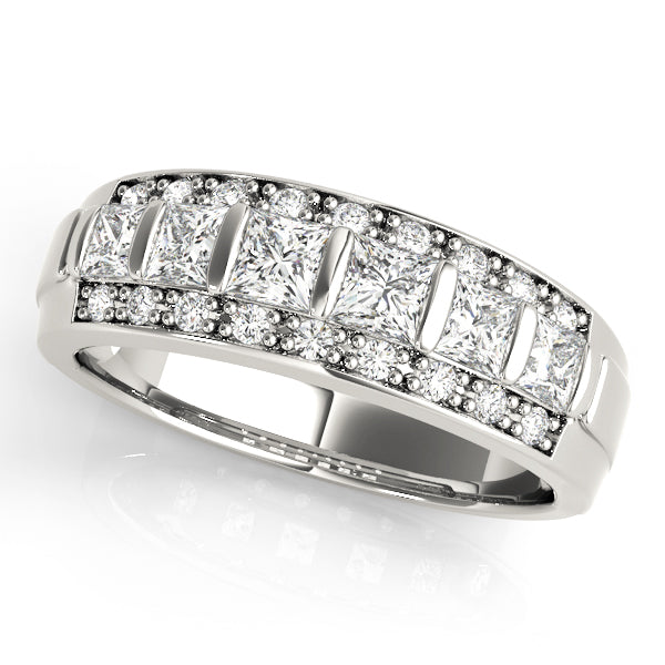 0.90CTW 14K  Gold Wide Band With Princess And Round Brilliant Cut Diamonds