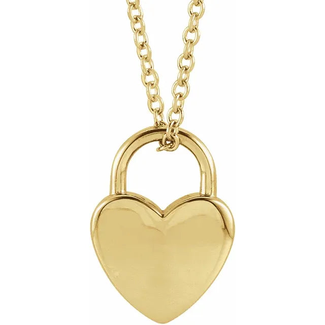 14K Gold Petite Engravable Heart Lock Pendant - View 3
