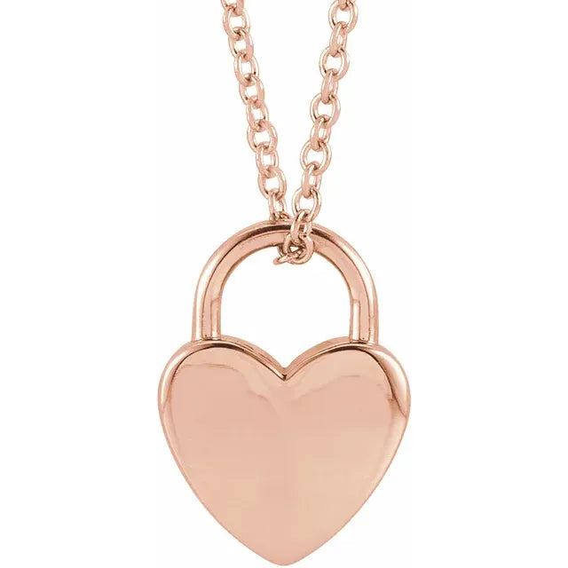14K Gold Petite Engravable Heart Lock Pendant - View 5