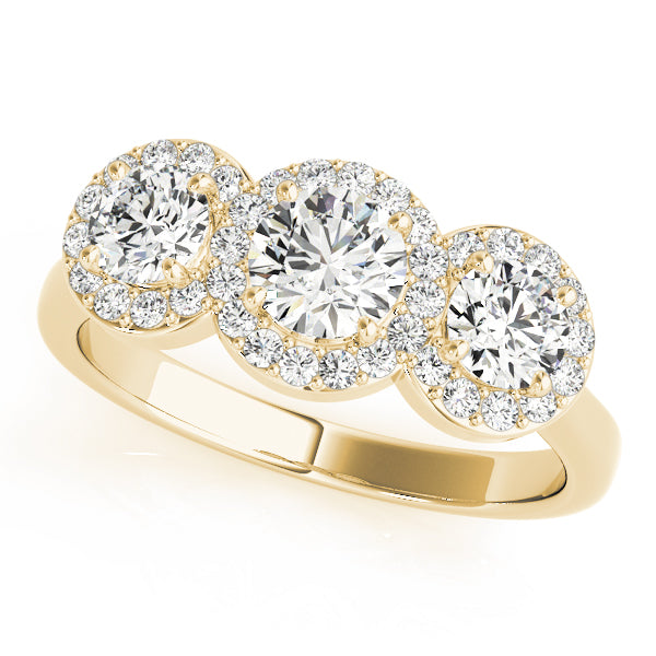 1.00CTW 14K  Gold Ladies 3 Stone Round Halo Past, Present, Future Round Brilliant Cut Diamond Ring