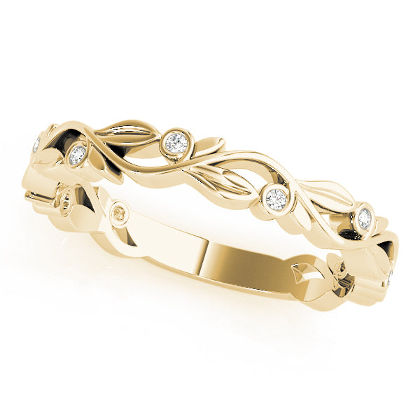 0.04CTW 14K  Gold Leaf Vine Band With Bezel Set Round Diamonds