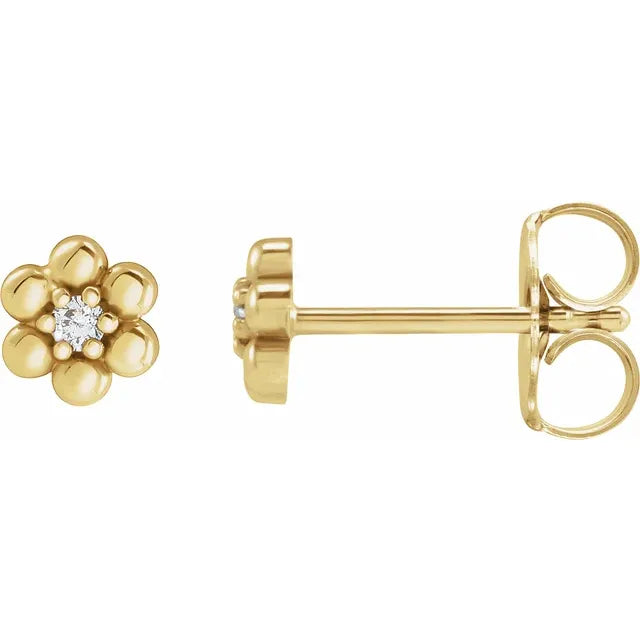 14K Gold Beaded Flower Diamond Stud Earrings - View 1