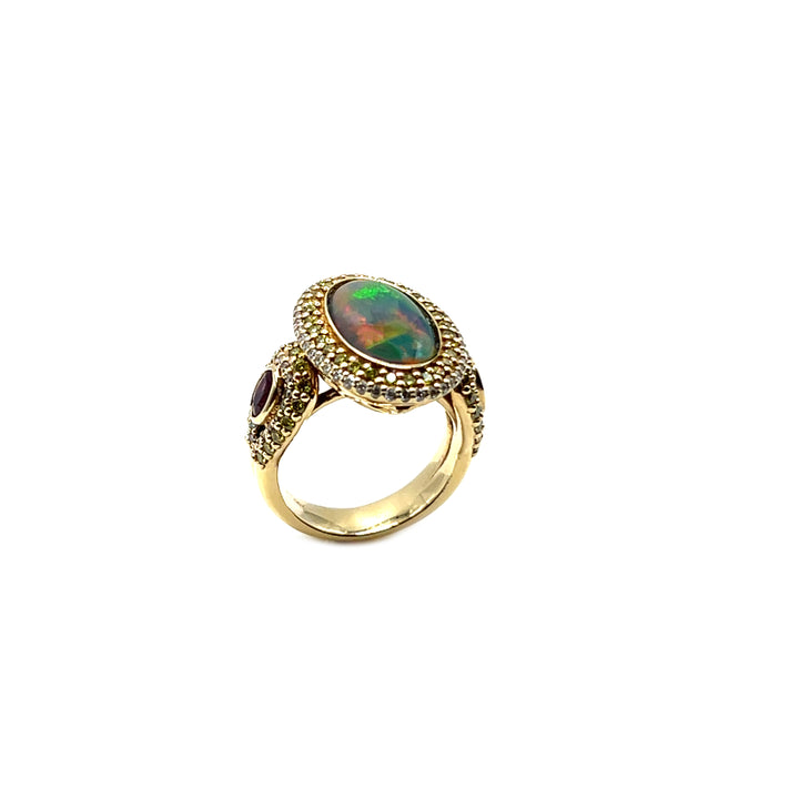 14K Stunning Dark Opal Custom Design Gemstone and Diamond Ring