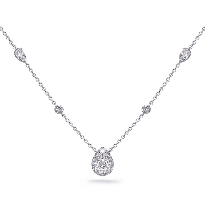 MODERN GOLD AND DIAMOND BEZEL SET AND PEAR SHAPE HALO CLUSTER NECKLACE - View 1