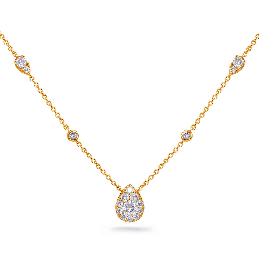 MODERN GOLD AND DIAMOND BEZEL SET AND PEAR SHAPE HALO CLUSTER NECKLACE - View 2
