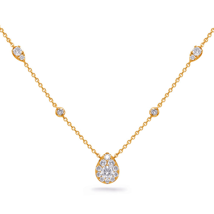 MODERN GOLD AND DIAMOND BEZEL SET AND PEAR SHAPE HALO CLUSTER NECKLACE - View 2
