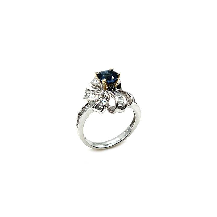 18K White Gold Ceylon Blue Sapphire and Baguette Cut Diamond Ring