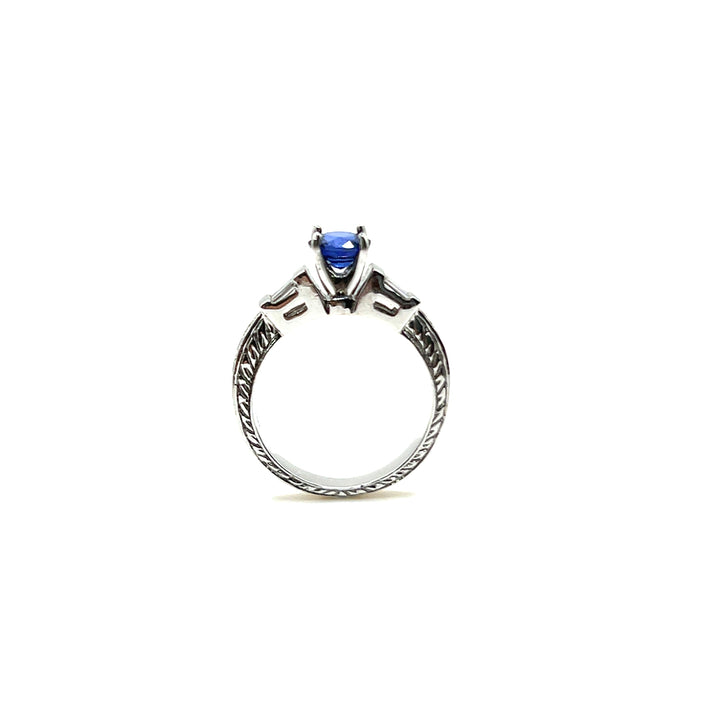 18K White Gold Ceylon Blue Sapphire and Baguette Cut Diamond Ring - View 1