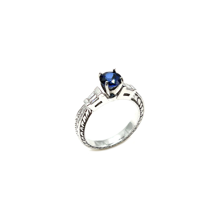 18K White Gold Ceylon Blue Sapphire and Baguette Cut Diamond Ring