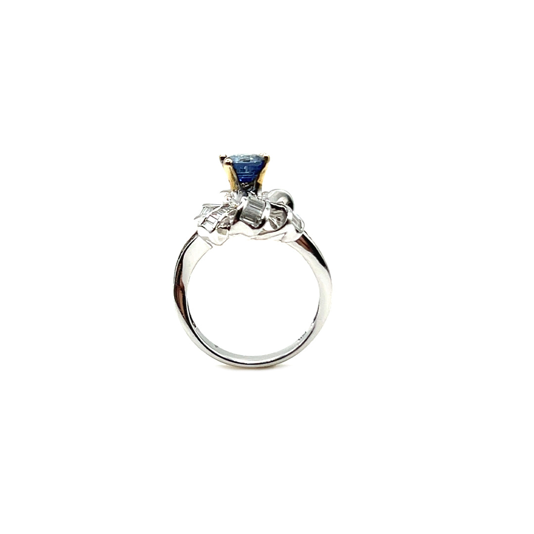 18K White Gold Ceylon Blue Sapphire and Baguette Cut Diamond Ring - View 1