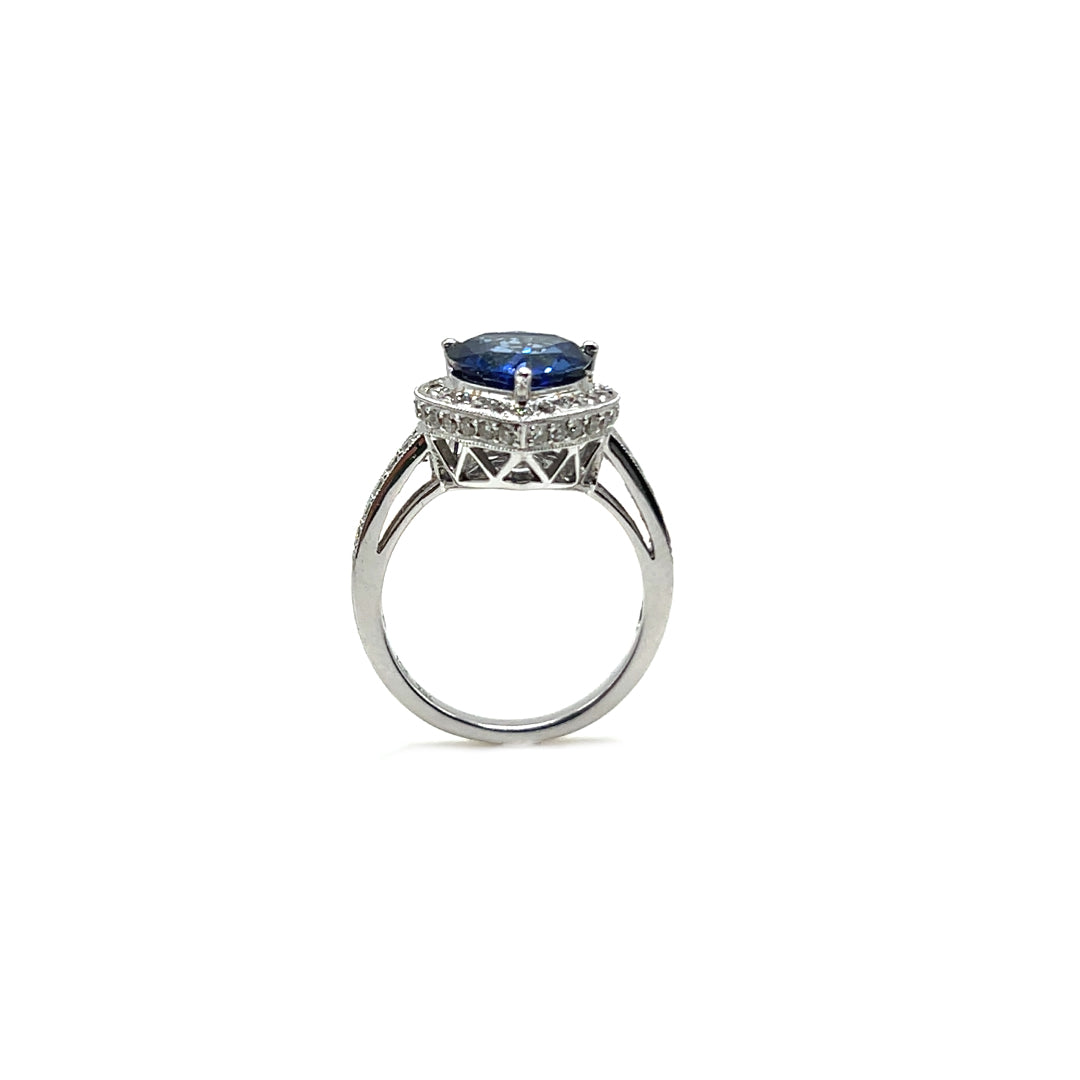 18K White Gold Heart-Shaped Ring with 3.36ctw Trillion Cut Ceylon Sapphire & Diamond Accents - View 1