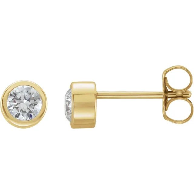 Classic 14K Gold Round Diamond Bezel Set Stud Earrings - Design Jewellers Edmonton