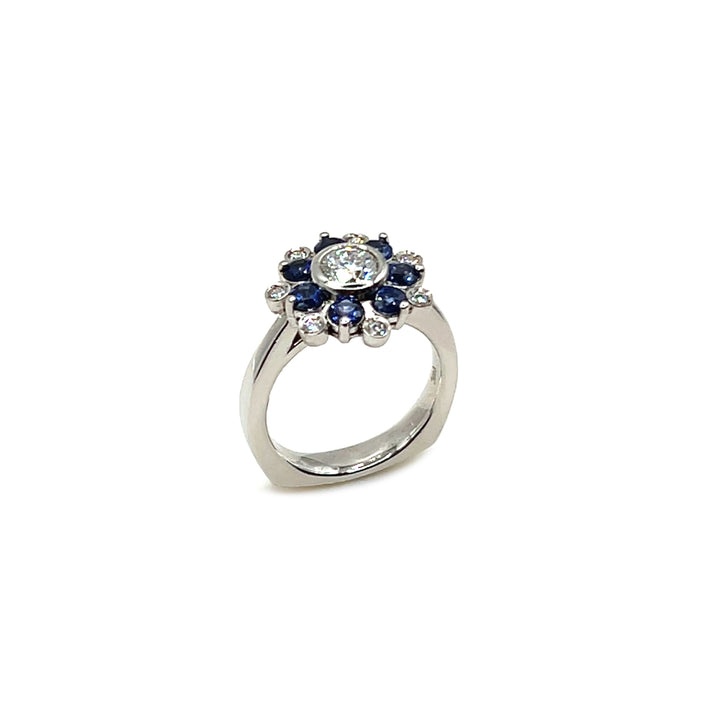 14K Stunning Sapphire and Diamond Cluster Design With Bezel Set Diamonds