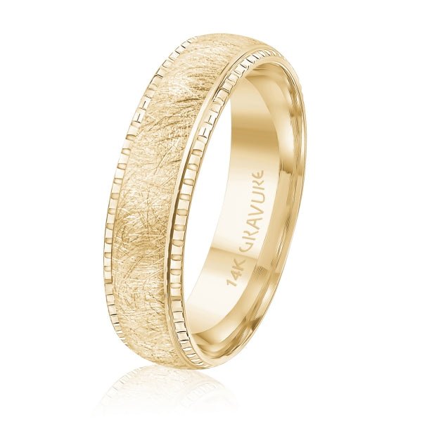 Men's 10K Gold Random Brush Texture & Segmented Edge Band - Gold Bands with Designs - Design Jewellers Edmonton