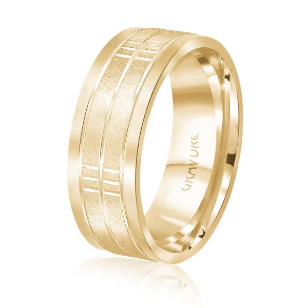 Men's 10K Gold Satin Finish Geometric Bar Pattern Band - Gold Bands with Designs - Design Jewellers Edmonton