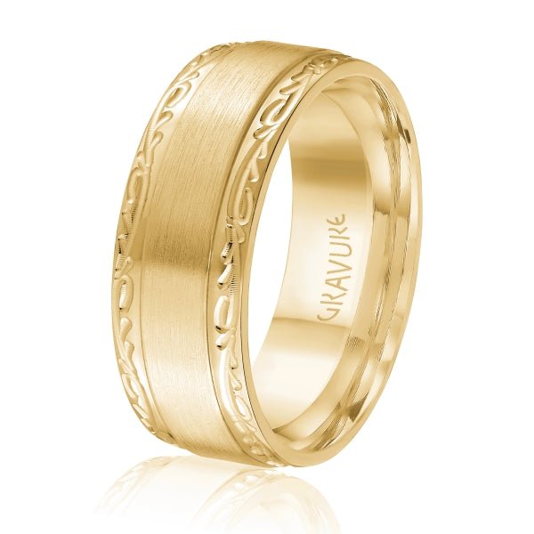 Men's 10K Gold Satin Finish Scroll Pattern Edge Band - Gold Bands with Designs - Design Jewellers Edmonton