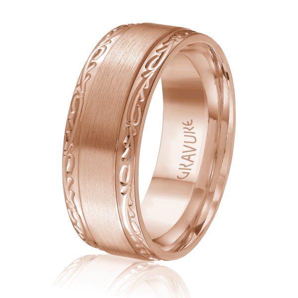 Men's 10K Gold Satin Finish Scroll Pattern Edge Band - Gold Bands with Designs - Design Jewellers Edmonton