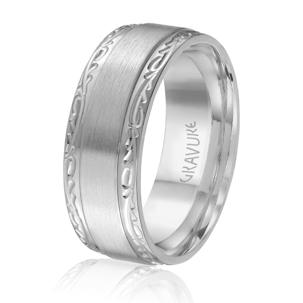 Men's 10K Gold Satin Finish Scroll Pattern Edge Band - Gold Bands with Designs - Design Jewellers Edmonton